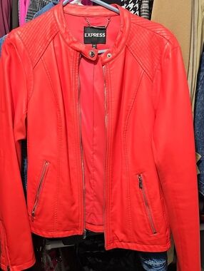Express Women's Bright Red Faux Leather Moto Jacket